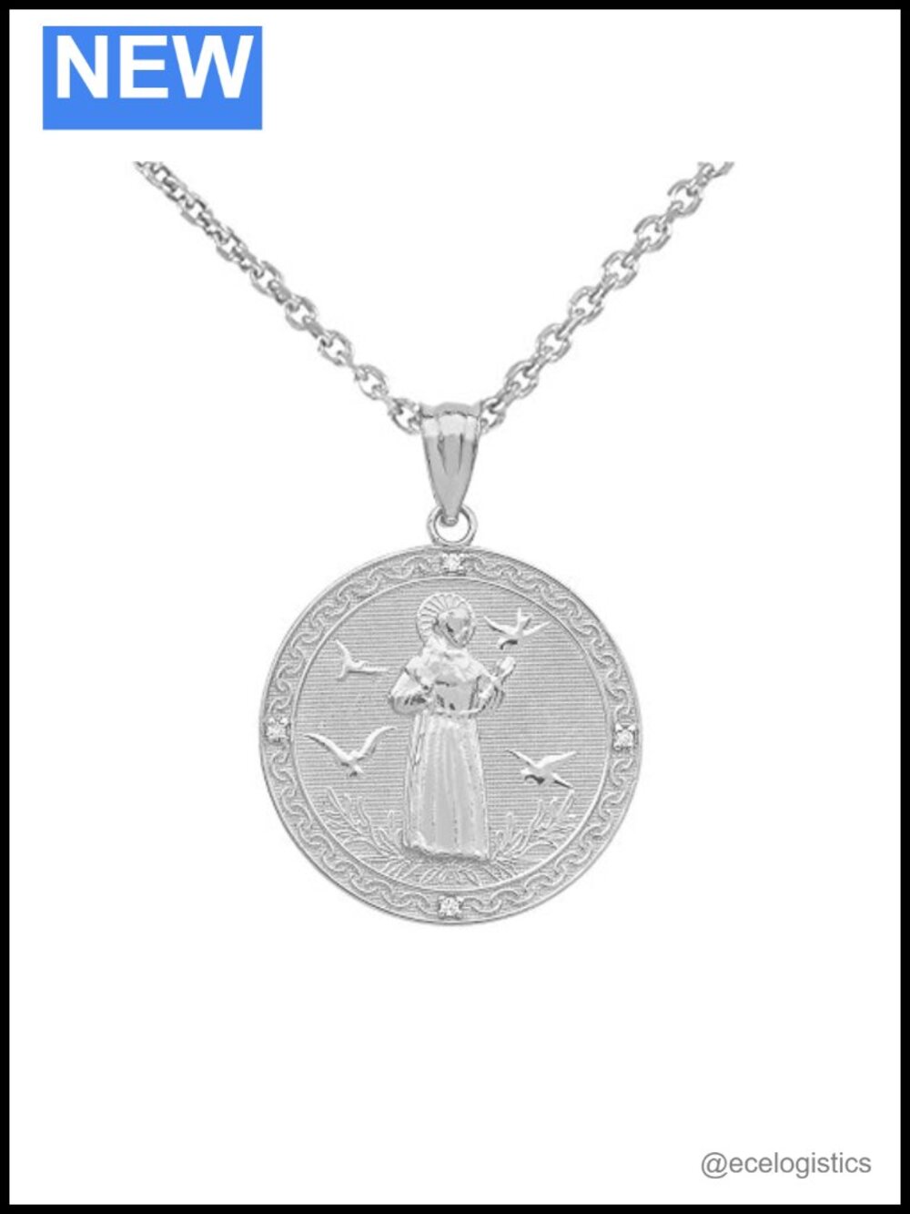Sterling Silver Saint Francis CZ Round Medal Charm Necklace